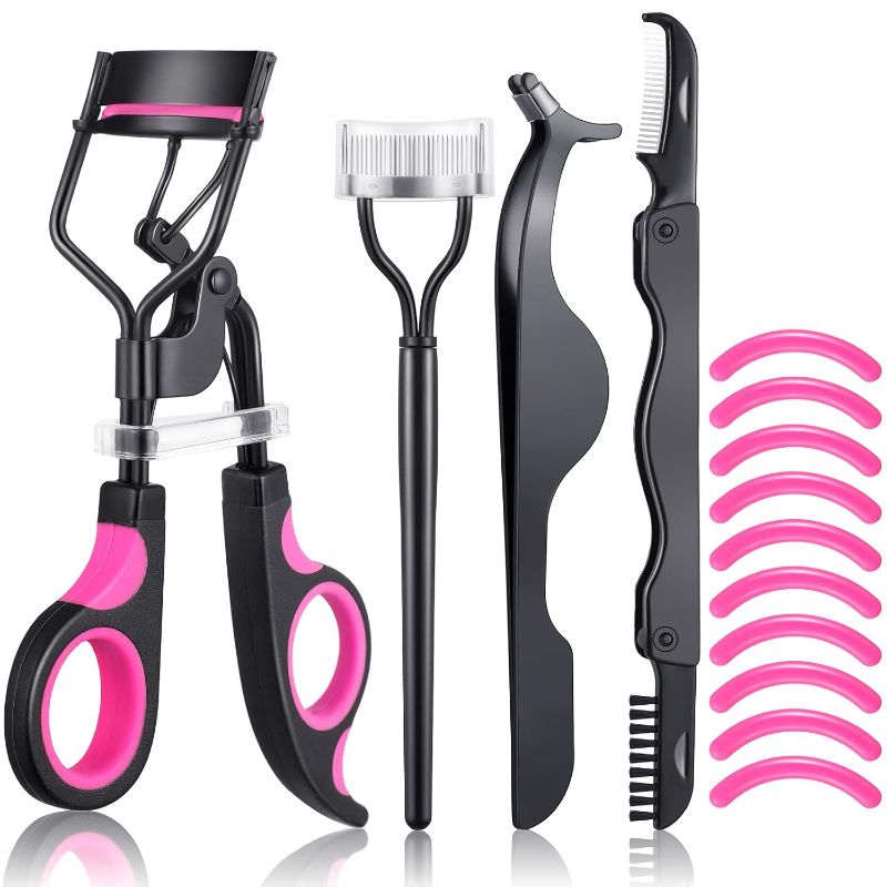 Photo 1 of 14 Pieces Eyelash Curler Kit Eyelash Comb Eyebrow Brush Tweezers False Eyelashes Applicator Tool Eyebrow Trimmer Silicone Refills Pads for Women(Black and Purple)