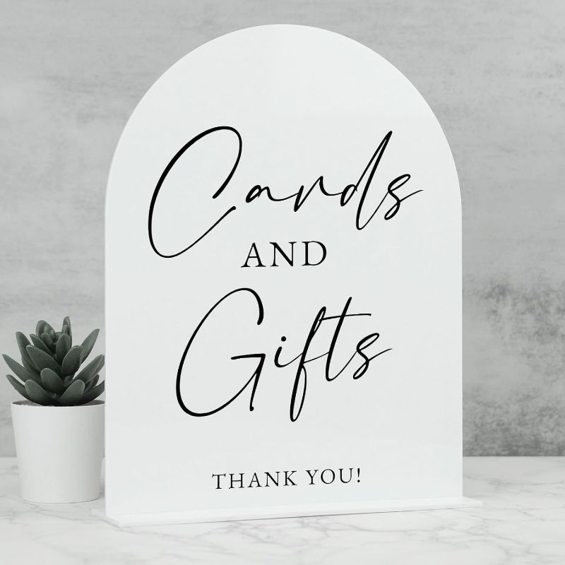 Photo 1 of White Arch Acrylic Wedding Sign- 8"x10" Cards and Gifts Sign and Base,1/8" Thick | Modern Calligraphy Arched Acrylic Table Sign for Wedding & Event Party (Cards and Gifts, 8"x10")