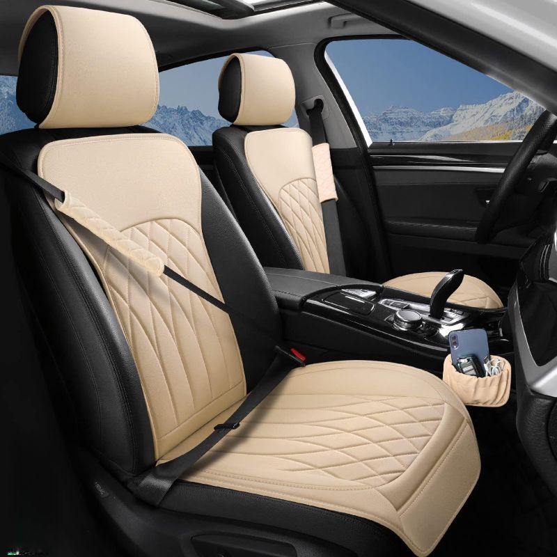 Photo 1 of 2 Pack Leather Front Car Seat Covers, Universal Sideless Car Seat Protectors with Storage Pocket and Seat Belt Pads, Waterproof Automotive Seat Cover for Cars Trucks SUV(Beige)