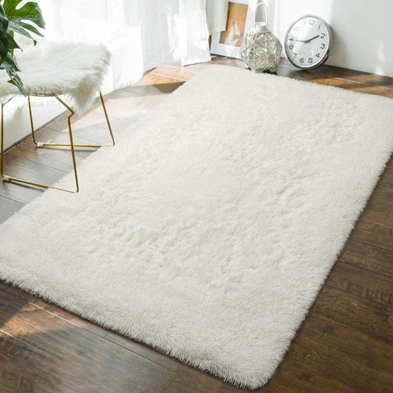 Photo 1 of Soft Fluffy Bedroom Rugs, 6' x 6" Feet Indoor Shaggy Plush Area Rug for Boys Girls Kids Baby College Dorm Living Room Home Decor Floor Carpet, Cream White
