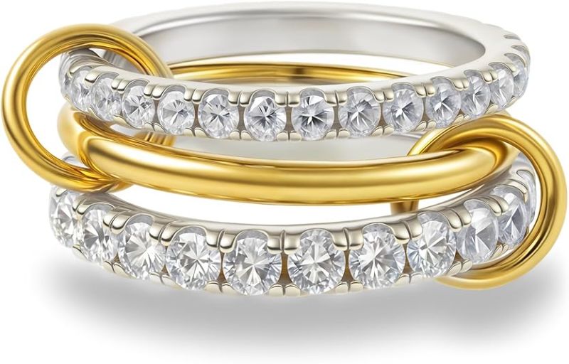 Photo 1 of Stackable Rings for Women Non Tarnish,Dainty 18k Gold Plated CZ Cubic Zirconia Rings,Silver and Gold Rings Set,Multi-Link Connected Rings