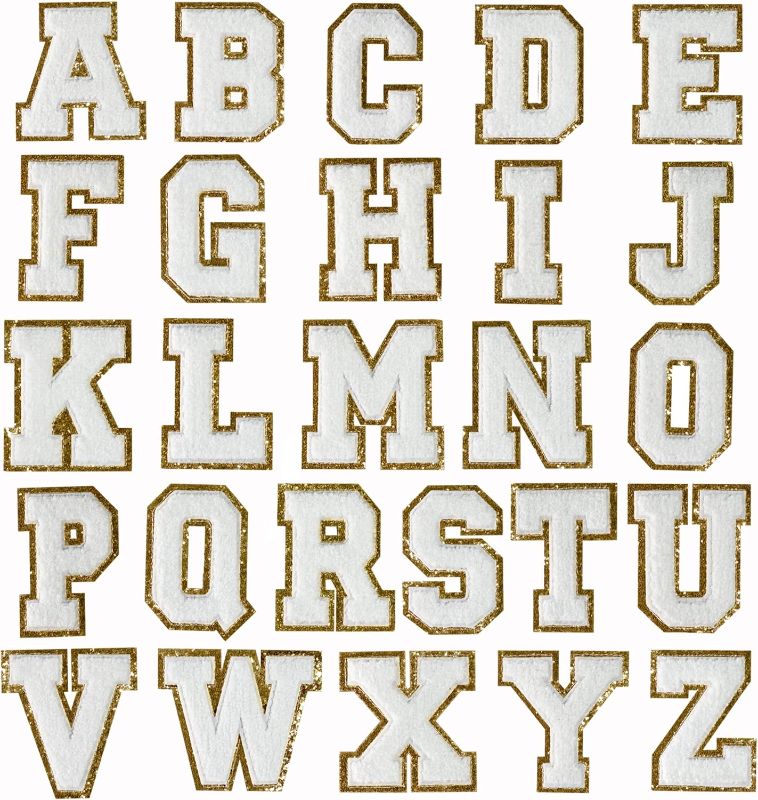 Photo 1 of White Iron On Letter Patches, Stick on Chenille Letters Patches Applique Sewing Clothing Badges with Glitters Border for Shirts Jackets Jeans Hats Bags Shoes 14/26