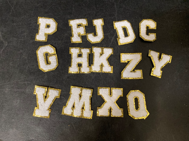 Photo 1 of White Iron On Letter Patches, Stick on Chenille Letters Patches Applique Sewing Clothing Badges with Glitters Border for Shirts Jackets Jeans Hats Bags Shoes 14/26
