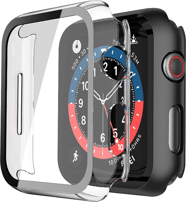 Photo 1 of Misxi 2 Pack Hard PC Case with Tempered Glass Screen Protector Compatible with Apple Watch SE 3 (2025) SE 2 SE Series 6 Series 5 Series 4 44mm, Overall Shockproof Protective Cover for iWatch, 1 Black + 1 Transparent