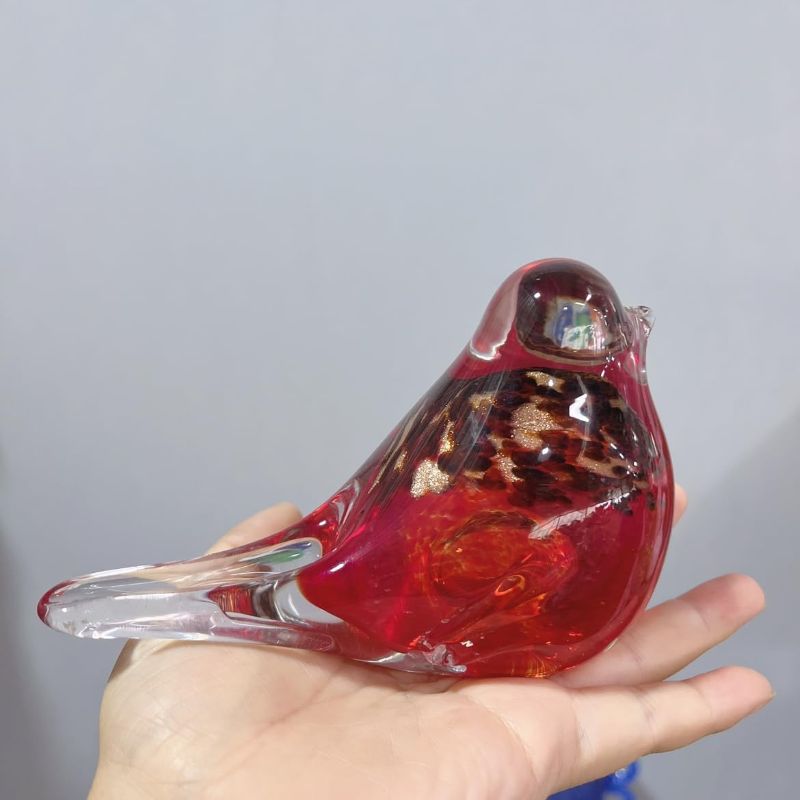 Photo 1 of Coloured Glaze Art Red Dove Sparrow Bird Glass Figurine Handmade Blown Glass Paperweights Gift for Birthday Home Decor Table Ornament for Stand