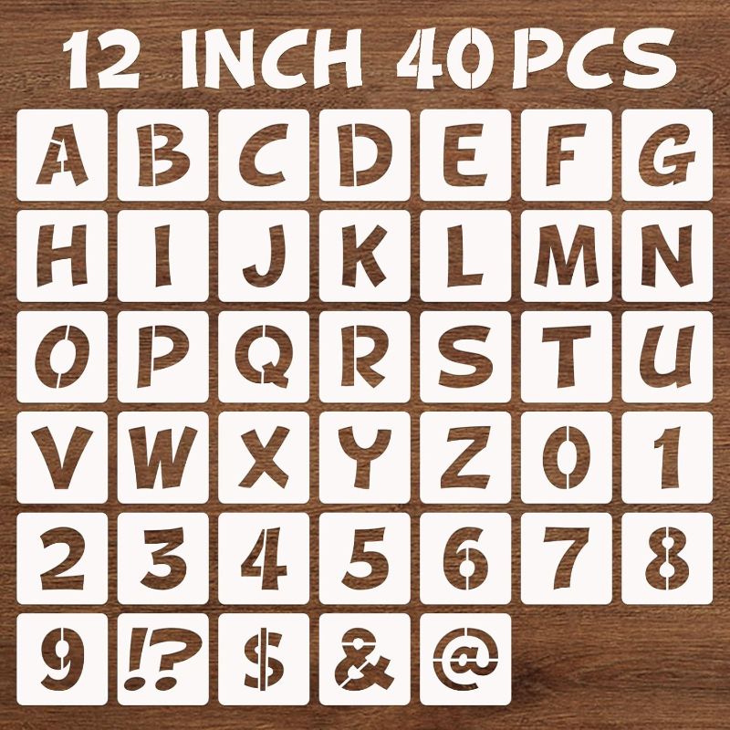 Photo 1 of 12 Inch Letter and Number Stencils, 40 Pcs Reusable Plastic Alphabet Spray Paint Stencils for Painting on Wood, Wall, Fabric, Rock, Chalkboard, Door Porch, Signage, DIY Craft Decoration