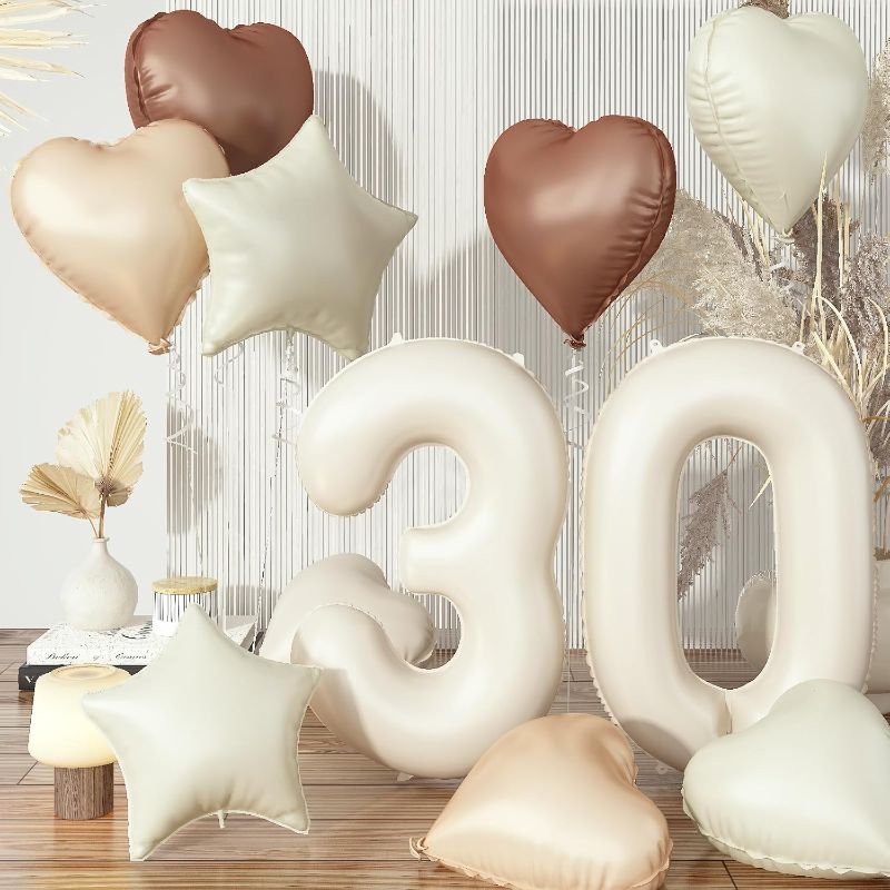 Photo 1 of Cream 30 Balloons Decor, Beige Nude Apricot Brown Tan Foil Star Heart Balloons, 40'' White Sand Helium Neutral Number 30 Balloon for Women 30th Birthday Wedding Anniversary Party Decoration Supplies