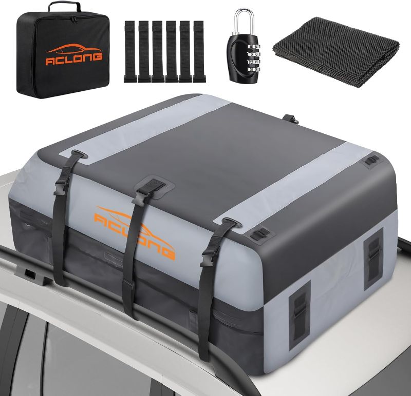 Photo 1 of 21 Cubic Feet Car Roof Bag 840D Waterproof Rooftop Cargo Carrier Bag for All Cars with/Without Racks Includes Anti-Slip Mat Storage Bag Combination Lock 6 Door Hooks