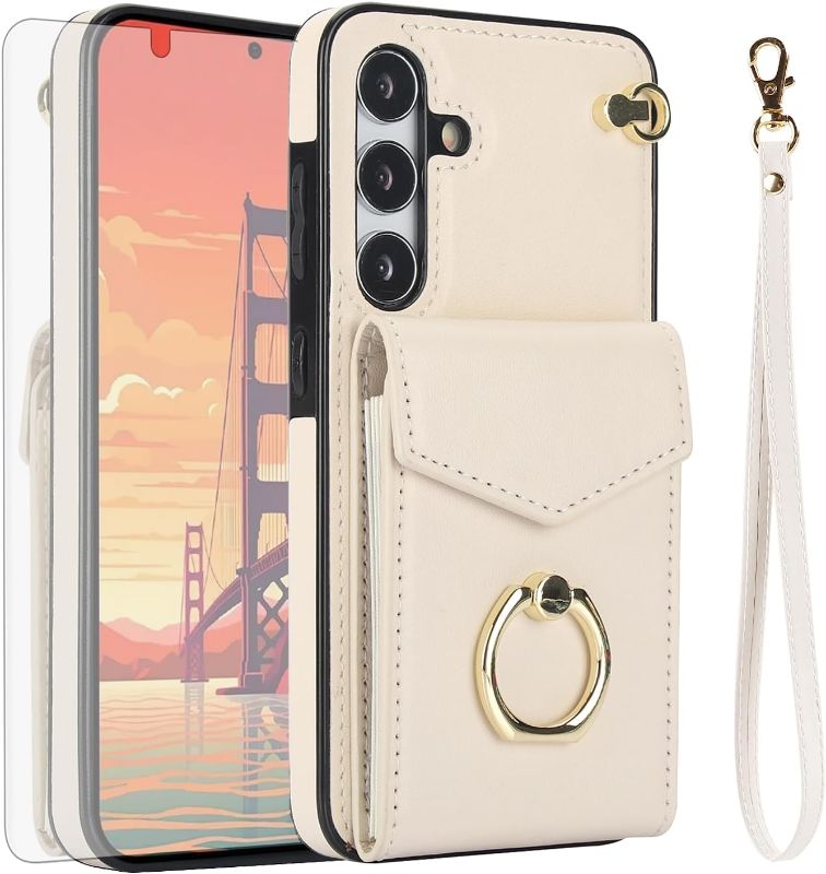 Photo 1 of Phone Case for Samsung Galaxy S24 5G Wallet Cover with Tempered Glass Screen Protector and RFID Blocking Ring Stand Credit Card Holder Leather Cell Accessories S 24 24S G5 Women Men Off White