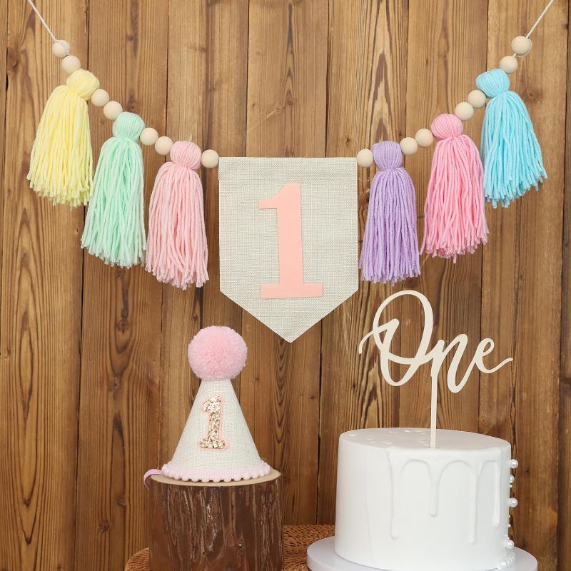 Photo 1 of Handmade Boho Macaron Theme 1st Birthday High Chair Banner for Baby Girls with Pink First Birthday Cone Hat and One Cake Topper Pink Party Decorations Photoshoot Props Photo Props