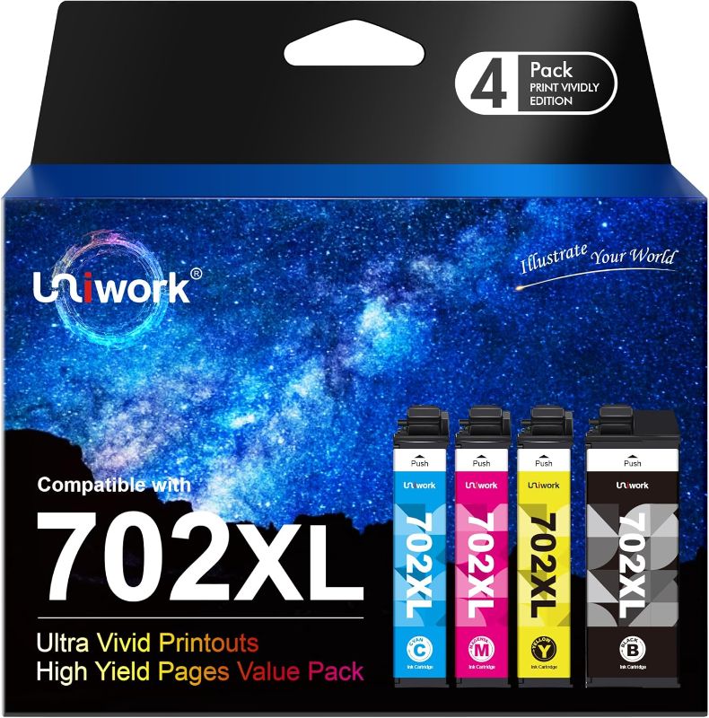 Photo 1 of Uniwork 702XL 702 XL 702 Ink Cartridges Remanufactured Ink High Yield Replacement for Epson 702XL 702 702 XL T702XL use with Pro WF-3720 WF-3730 WF-3733 Printer (Black Cyan Magenta Yellow, 4 Pack)