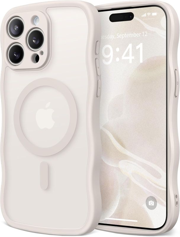 Photo 1 of Cute for iPhone 15 Pro Max Case, Compatible with MagSafe, [Curly Wave Edge] [Full Camera Protection] [14 FT Drop Shockproof Protection] Magnetic Phone Case for 15 Pro Max 6.7 Inch, Stone