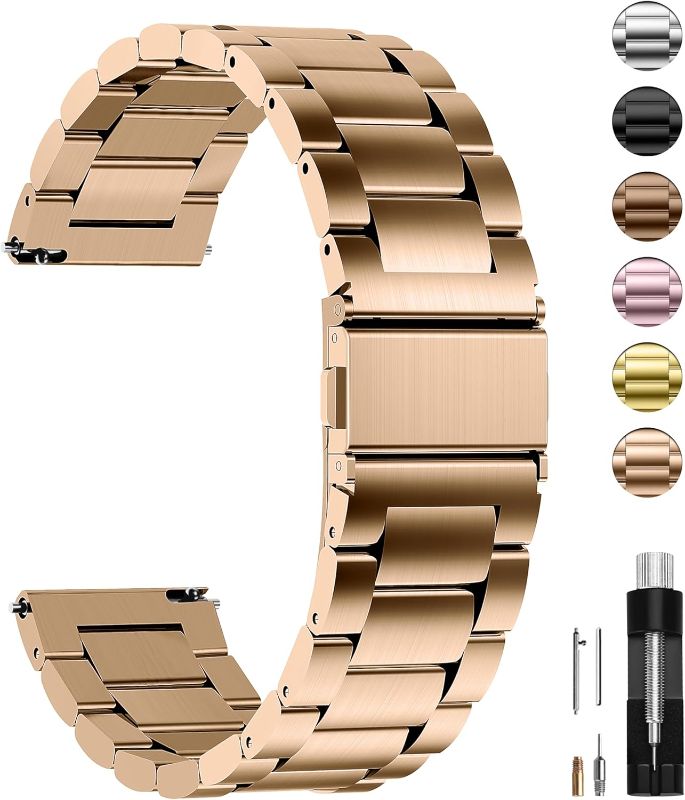 Photo 1 of Watch Band, Quick Release Stainless Steel Replacement for Men Women, Metal Chain Watch Strap Width 16mm 18mm 19mm 20mm 22mm 24mm, Rose Gold, 20mm