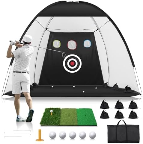 Photo 1 of Golf Net: 10x7FT Golf Practice Net for Backyard Driving, Hitting Net with Tri-Turf Mat, Indoor Training Chipping Aid Nets with Reduce Noise Nylon Target, for Golfers