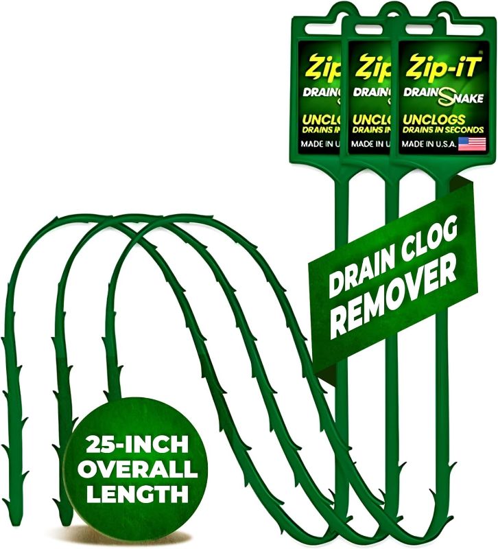 Photo 1 of The original Zip-It Hair Clog Remover 25-inch Overall Length Drain Snake Cleaner (3-Pack), Unclog Your Sink, Shower, & Tub Drain In Seconds – Non-toxic, Made in the USA