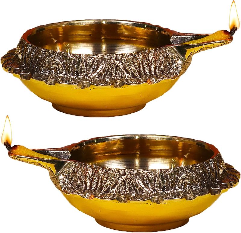 Photo 1 of Fine Living 2.75" Kuber Brass Diyas for Pooja Set of 2 – Handmade Traditional Oil Diya Lamps, Rust Resistant - Gold Finish Vilakku Deepam for Home Temple, Diwali Decoration & Indian Pooja Gift Items