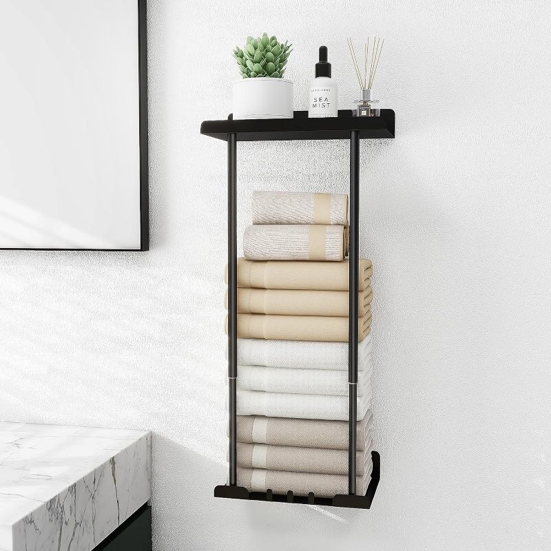 Photo 1 of Towel Rack Towel Storage Bath Towel Holder with 3 Hooks Bathroom Towel Storage Rack for Rolled Salon Towel Height Adjustable(42-77cm),Black