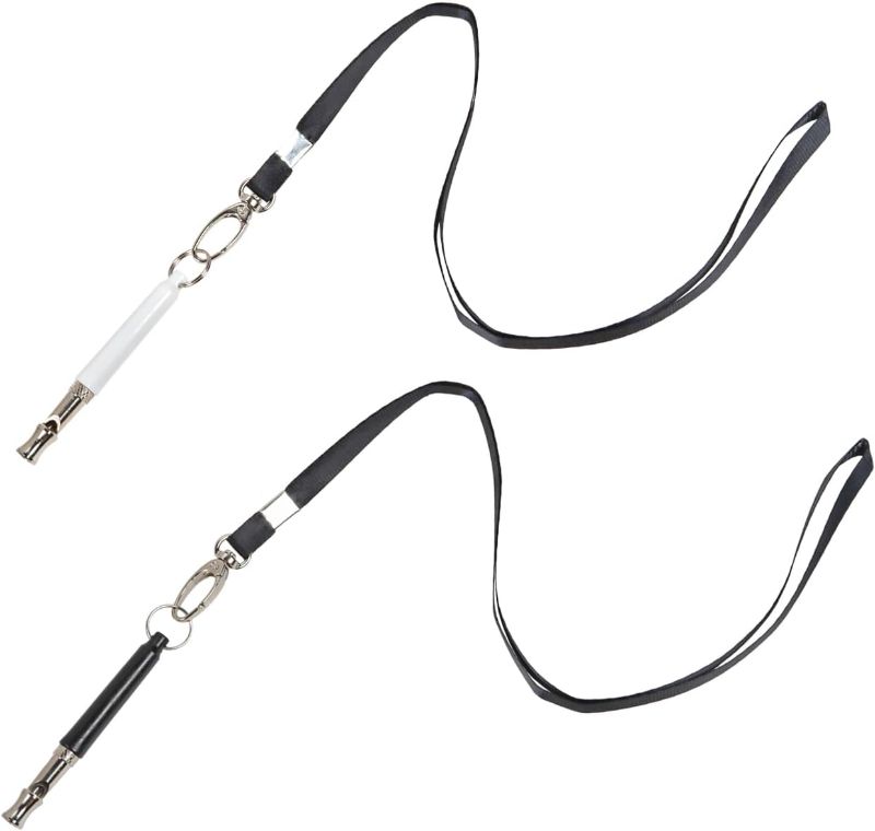 Photo 1 of Professional Dog Training Whistle Set, 2 Pack with Lanyards Ultrasonic Silent Recall Whistles Black and White
