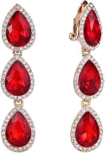 Photo 1 of Women's Austrian Crystal Teardrop Pear Shape 2.4 Inch Long Clip-on Dangle Earrings