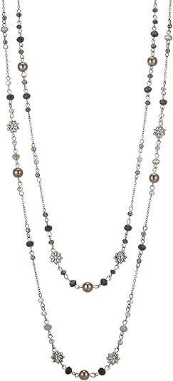 Photo 1 of Black Layered Long Necklaces for Women Silver Black Beaded Necklace Vintage Flower Costume Jewelry Birthday Gifts for Women