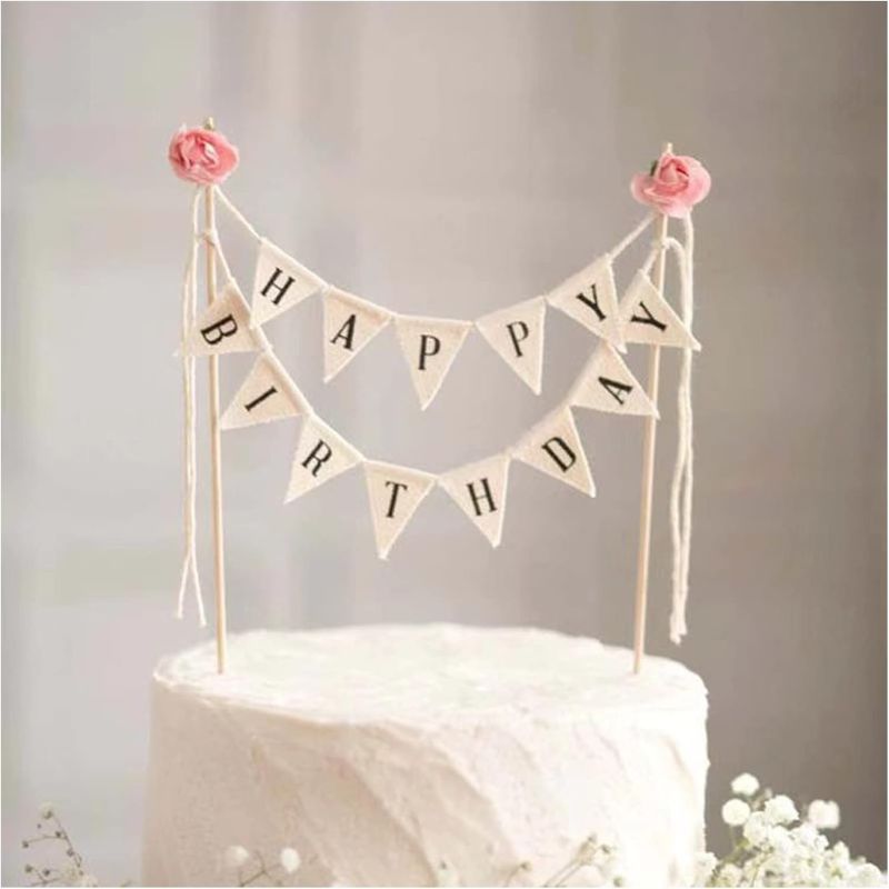 Photo 1 of Happy Birthday Cake Bunting Topper Cake Topper Garland, Handmade Pennant Flags with Wood Pole Ivory (With Pink Rose)