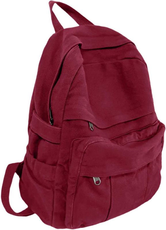 Photo 1 of Burgundy Red Canvas Backpack for Women Retro Aesthetic Rucksack Basic Backpack for High School/College Students Travel Laptop Bag