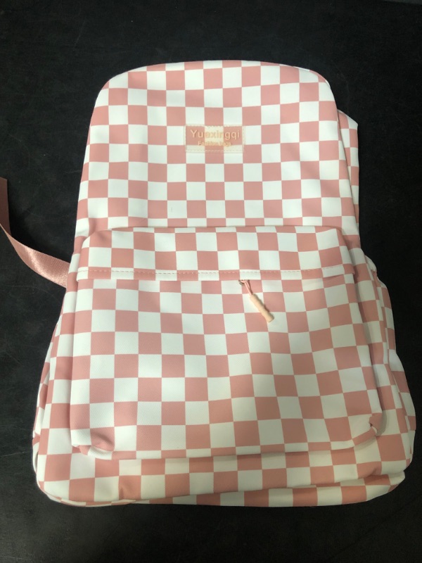 Photo 1 of Y2K Aesthetic Checkered Backpack with Kawaii Pendant Checkerboard Backpack Cute Preppy Laptop Backpack Light Rucksack (One Size,Pink)