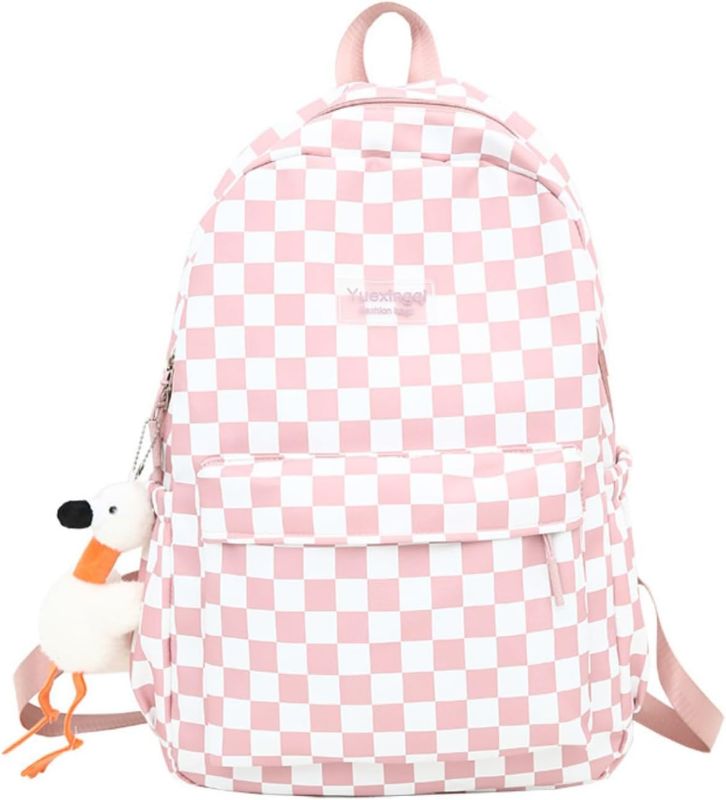 Photo 1 of Y2K Aesthetic Checkered Backpack with Kawaii Pendant Checkerboard Backpack Cute Preppy Laptop Backpack Light Rucksack (One Size,Pink)