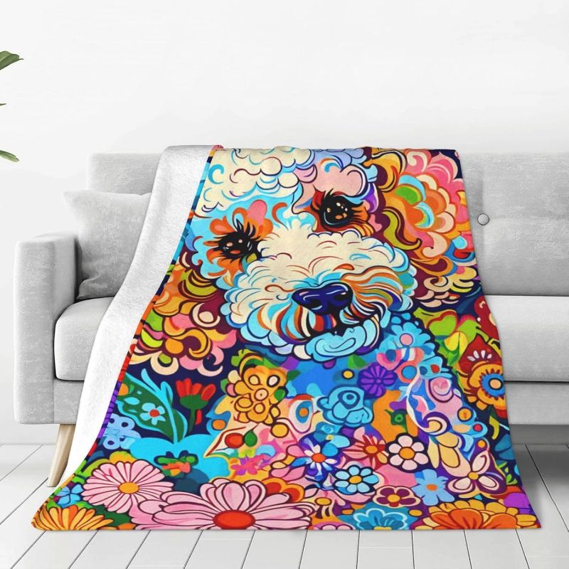 Photo 1 of Cute Poodle Floral Flannel Throw Blanket Home Decoration Lightweight Throw for Sofa Couch Bed Travel Office 60"X50"