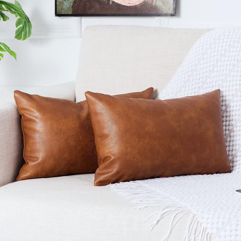 Photo 1 of Pack of 2 Premium Faux Leather Throw Pillow Covers, Modern Luxury Decorative Lumbar Throw Pillow Case Cushion Cases for Farmhouse Sofa Couch Bed Car Outdoor,12x20 inch Brown