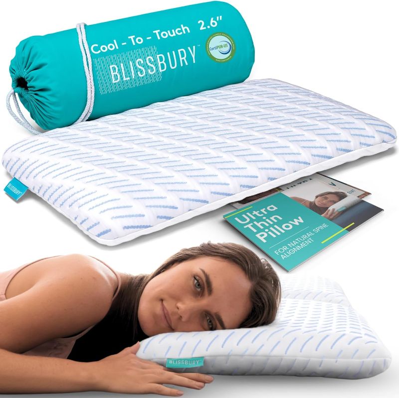 Photo 1 of BLISSBURY Cooling Memory Foam Pillow, 2.6 Inch Thin, for Stomach & Back Sleeper, Queen Size, Removable Cool-Tech Cover, CertiPUR-US Certified