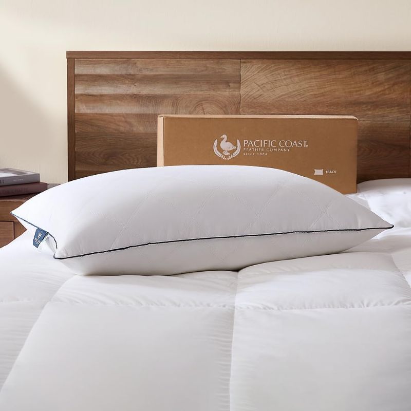 Photo 1 of Pacific Coast Bed Pillow, Luxury Hotel Collection Goose Feather and Down Pillow for Sleeping with Classic Diamond Pattern, Medium Supportive, Standard Size 1 Pack