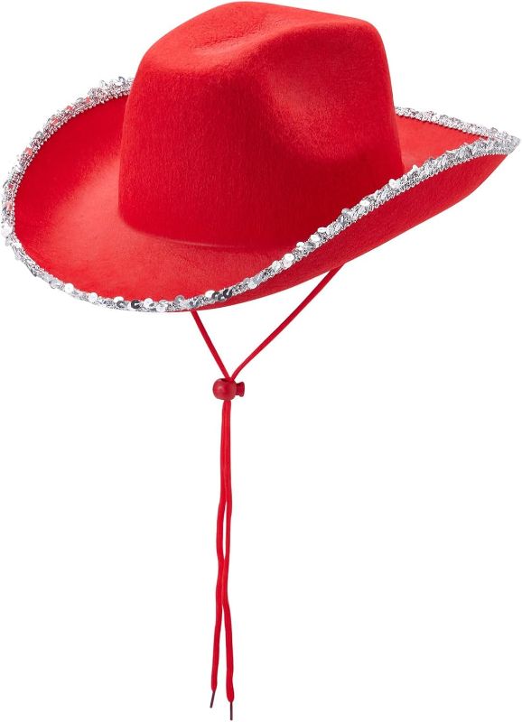 Photo 1 of Sequins Brim Hat for Women Cowgirl Hat Wedding Party Props Bachelorette Party Western Hat for Bridal Red