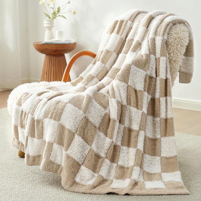 Photo 1 of Snuggle Sac Fall Checkered Throw Blanket Faux Fur Microfiber Blankets for Couch,Cozy Soft Warm Blanket for Sofa Bedroom Living Room,Beige Checker,50x60 inches