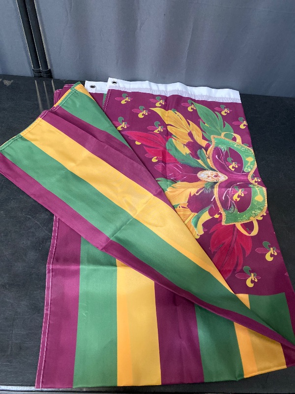 Photo 1 of Mardi Gras Flags Outdoor 3x5Ft Double Sided Mardi Gras Flag Banner Decor for House Yard Outsides Large Masquerade Mask, Fat Tuesday New Orleans Carnival Party Supplies