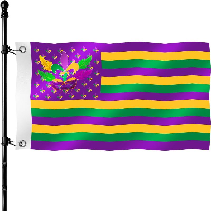 Photo 1 of Mardi Gras Flags Outdoor 3x5Ft Double Sided Mardi Gras Flag Banner Decor for House Yard Outsides Large Masquerade Mask, Fat Tuesday New Orleans Carnival Party Supplies