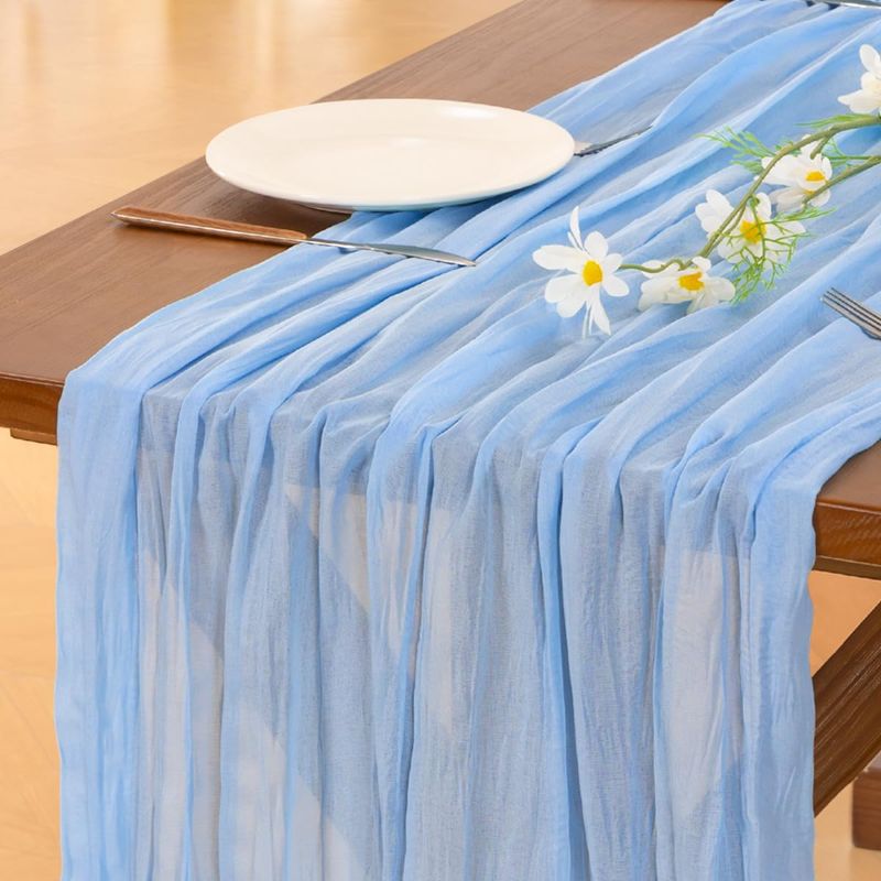 Photo 1 of 3pcs Blue Fall Thanksgiving Cheesecloth Table Runner Boho Rustic Gauze 120 inch 10FT Cheese Cloth Runner for Wedding Party Baby Shower Birthday Home Decor Holiday Decorations