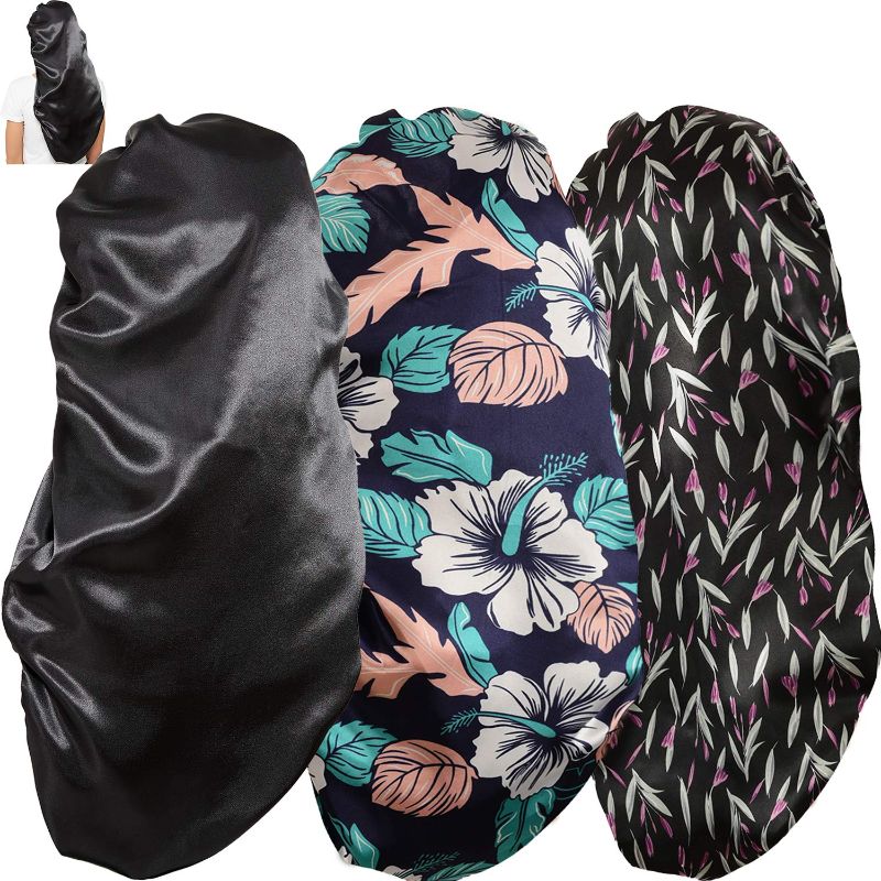 Photo 1 of Soft Elastic Band Satin Bonnets for Women, 3 Pcs Silky Head Scarf Hair Wrap for Sleeping Curly Natural Long Hair