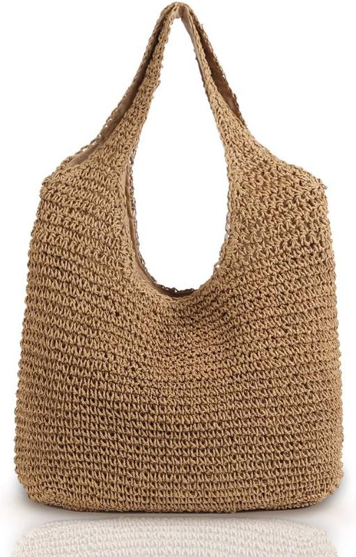 Photo 1 of Hand-woven Soft Large Straw Shoulder Bag Boho Straw Handle Tote Retro Summer Beach Bag Rattan Handbag