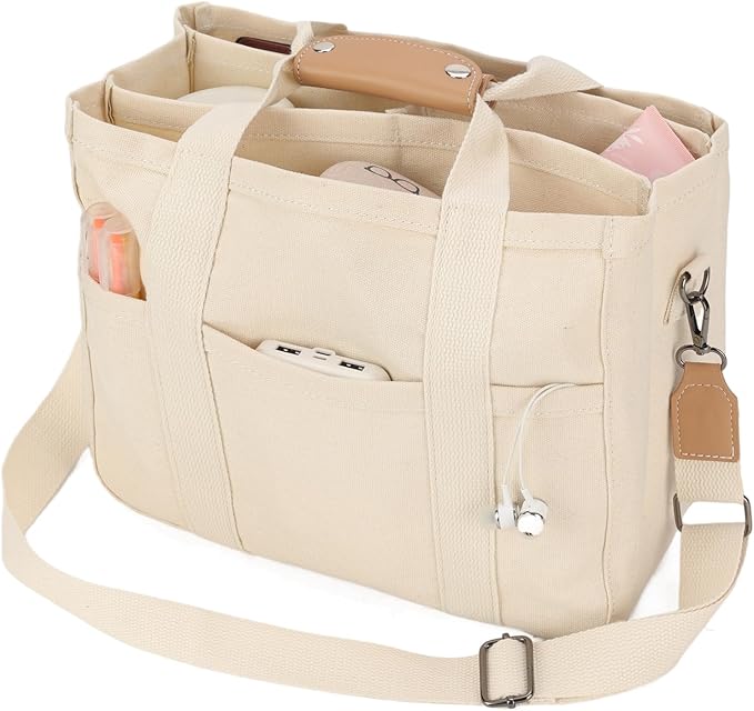 Photo 1 of Barsine Canvas Tote Bag with Compartments Lightweight Crossbody Handbag Everything Multi Pockets Totes for Church Bible