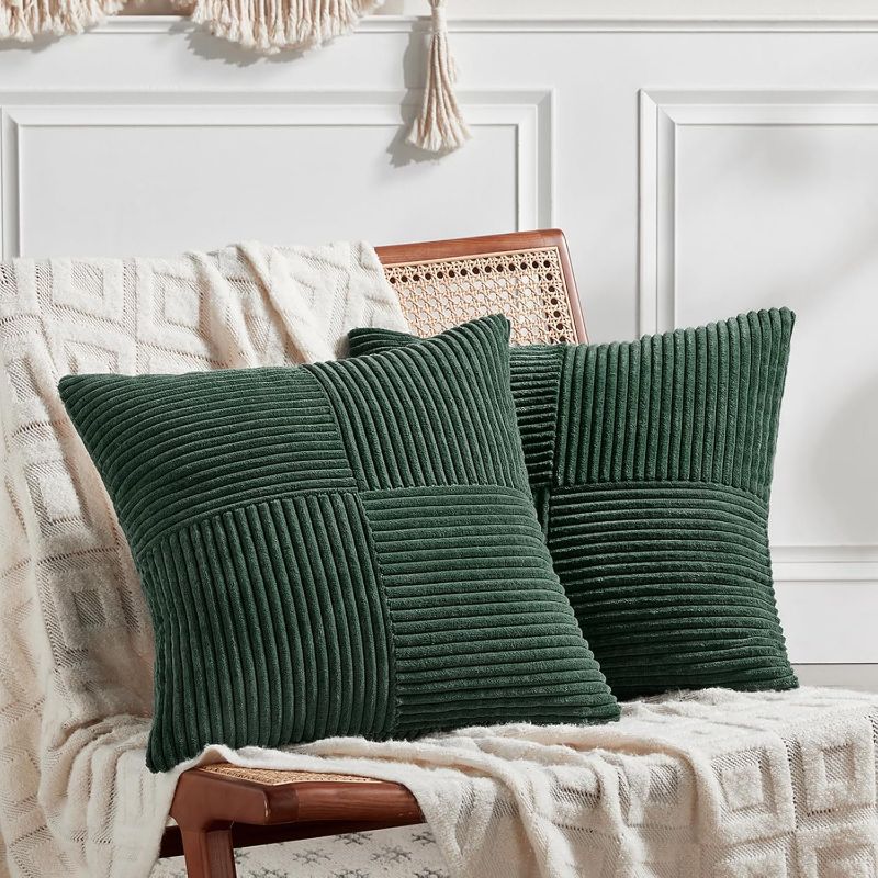Photo 1 of Fancy Homi Set of 2 Dark Green Boho Decorative Throw Pillow Covers 18x18 Inch for Living Room Couch Bed, Modern Farmhouse Forest Green Home Decor, Soft Textured Corduroy Corss Patchwork Cushion Case