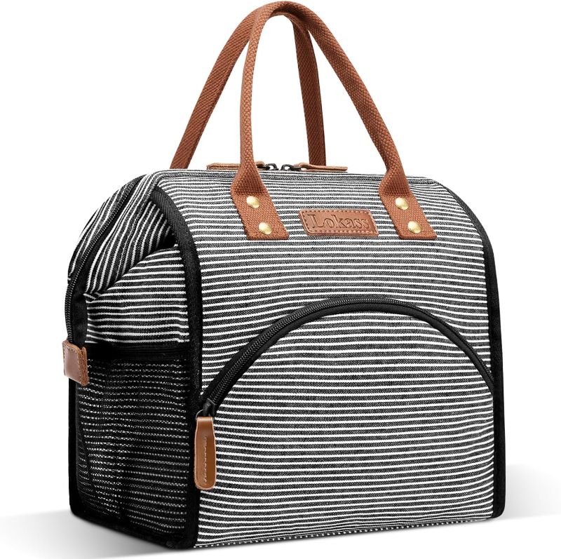 Photo 1 of Lunch Bag Insulated Lunch Box Wide-Open Lunch Tote Bag Large Drinks Holder Durable Canvas Thermal Snack Organizer for Women Men Adults Work Picnic Hiking Beach Fishing,Stripes