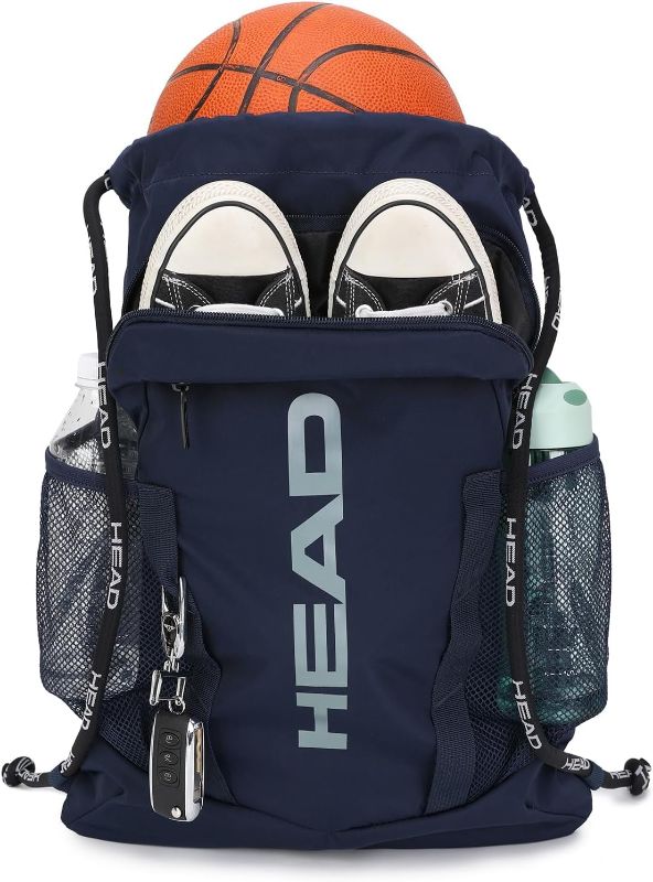 Photo 1 of HEAD Waterproof Gym Sackpack for Sport with 2 Zipper Pockets, Large Drawstring Backpacks for Men with Side Pockets for Water Bottle (Blue)