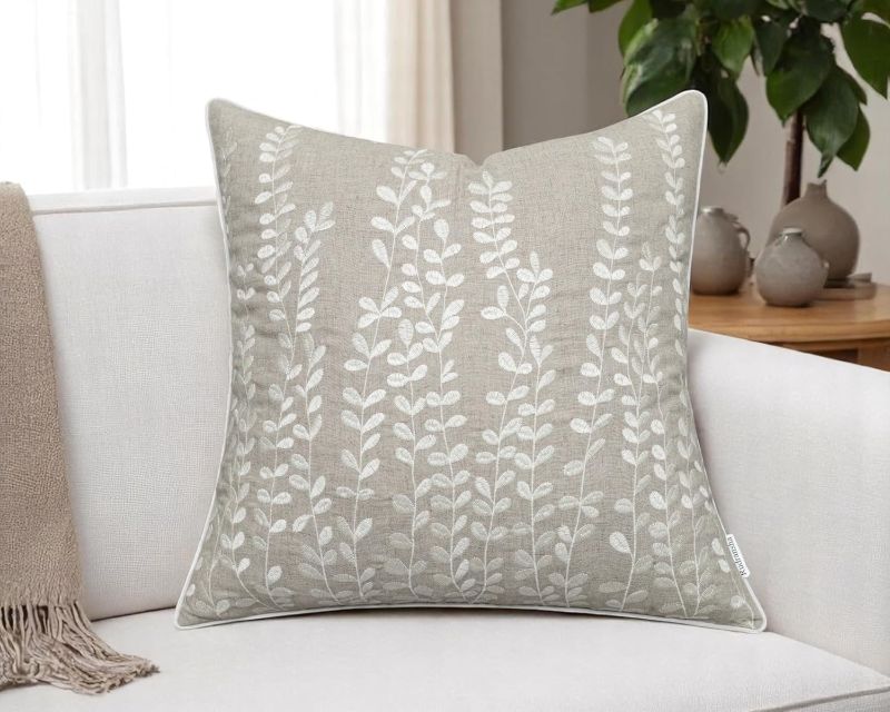 Photo 1 of Embroidered Wild Poppy Decorative Square Accent Throw Pillowcase - Decor for Bedroom, Sofa, Chair, Patio, Car, Balcony, Bench, Porch, Living Room, Office - 20x20 Inches, Natural