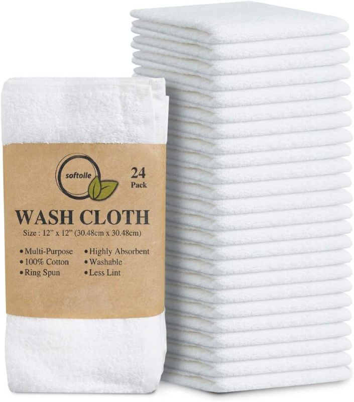 Photo 1 of Softolle 100% Cotton Washcloths 24 Pack (12x12 Inches) Soft, Highly Absorbent Washcloth, Face Towels, Wash Cloths for Face, Ring Spun, Bulk Pack (White)