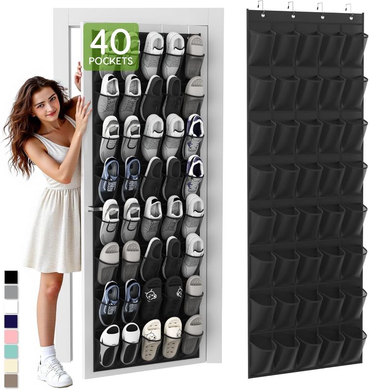 Photo 1 of Over the Door Shoe Organizer with 40 Large Breathable Mesh Pockets, Space Saving Shoe Holder, Hanging Shoe Rack for Entryway Bedroom Closet Storage (Black, 40 Pockets)
