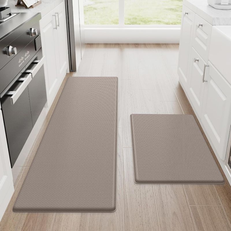 Photo 1 of Kitchen Mats, 2PCS Kitchen Rugs, Cushioned Anti Fatigue Kitchen Mats for Floor, Non-Slip Standing Desk Mat, Waterproof Kitchen Rug Set for Kitchen, Floor, Office, 17.3"x30"+17.3"x47", Khaki