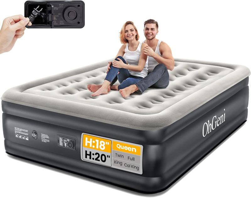 Photo 1 of OhGeni Queen Air Mattress with Built in Pump, Inflatable Blow Up Mattress 18 Raised Comfort,Upgraded Surface Portable Mattress, Air Bed for Camping, Home and Guest, Colchone Inflable, 650 lbs Max