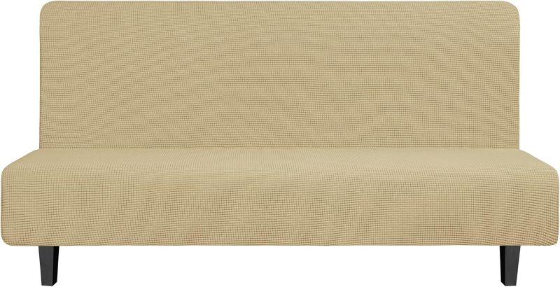 Photo 1 of Easy-Going Stretch Futon Slipcover Armless Futon Bed Cover Furniture Protector Without Armrests with Elastic Bottom for Kids, Soft Jacquard Fabric Small Checks (MEdium, Beige)