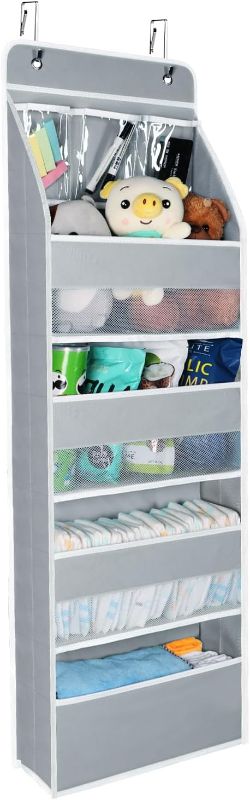 Photo 1 of 5-Shelf Fabric Door Storage Over Door Hanging Organizer with 4 Large Pockets and 3 Small PVC Pockets Nursery Closet Cabinet Wall Mount Hanging Storage Organizers for Baby Nursery (Grey)